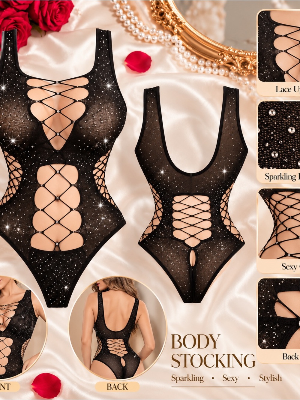 Sparkling Lace-Up Black Women’s One-Piece Swim Bodysuit
